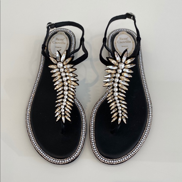 RENE CAOVILLA BLACK LEATHER SUEDE CRYSTAL PEARL SANDALS SIZE IT 38 / IT 8 - Picture 4 of 16